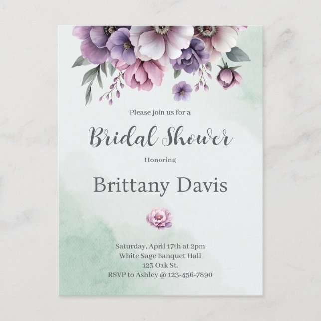 Bridal Shower Lavender & Green Floral  Postcard (Front)