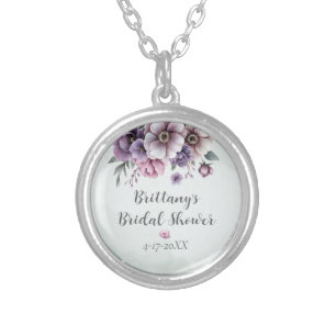 Bridal Shower Lavender & Green Floral Silver Plated Necklace