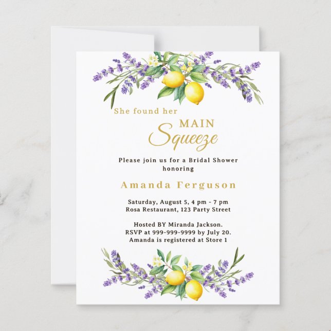 Bridal Shower lavender lemons squeeze invitation (Front)