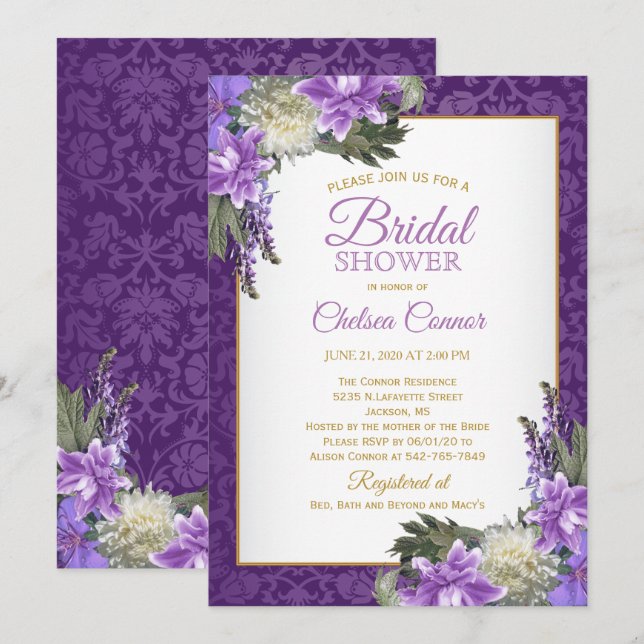Bridal Shower -Lavender Purple Damask & Gold Invitation (Front/Back)