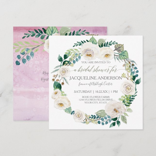 Bridal Shower Lavender White Roses Leaves Wreath Invitation (Front/Back)