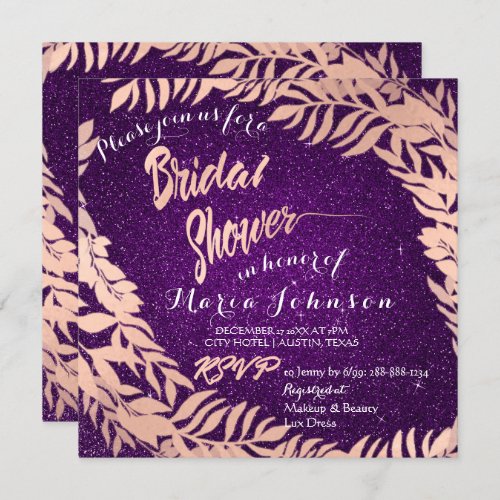 Bridal Shower Leafs Glitter Rose Gold Violet Purpl Invitation