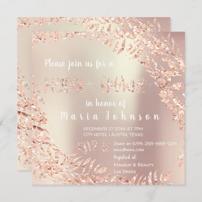 Bridal Shower Leafs Wrath Glitter Pink Rose Gold Invitation (Front/Back)