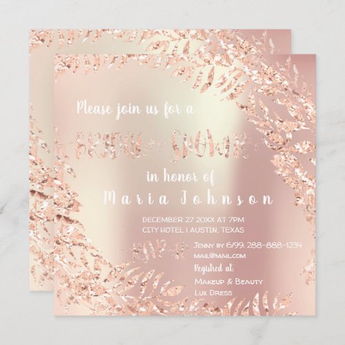 Bridal Shower Leafs Wrath Glitter Pink Rose Gold Invitation