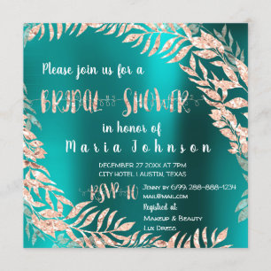 Bridal Shower Leafs Wrath Glitter Rose Gold Teal Invitation