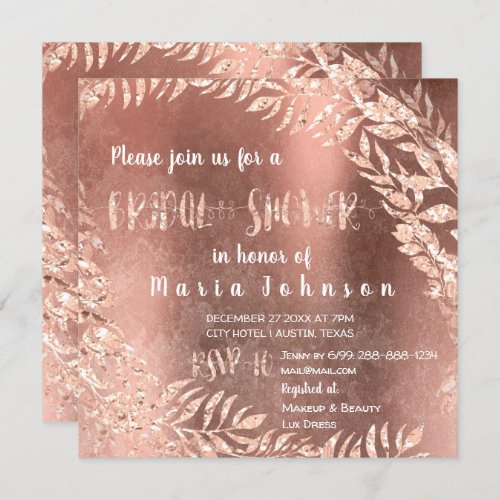 Bridal Shower Leafs Wreath Grungy Pink Rose Gold Invitation