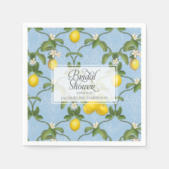 Bridal Shower Lemon Espalier Blue Citrus Floral Paper Napkins (Front)