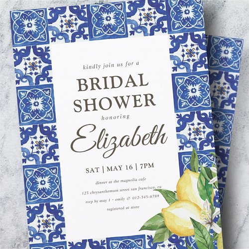 Bridal Shower Lemon Foliage Blue Mediterranean Invitation
