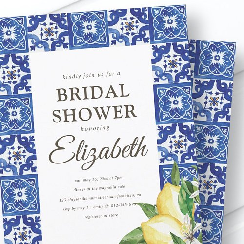 Bridal Shower Lemon Foliage Mediterranean Tile Invitation