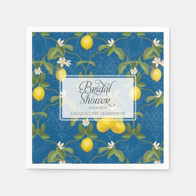 Bridal Shower Lemon Royal Blue White Citrus Floral Napkins (Front)