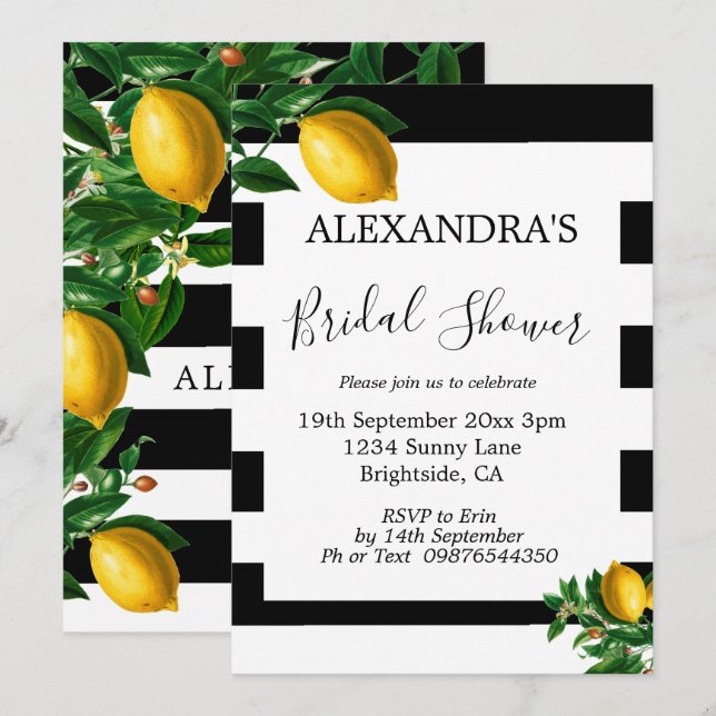 Bridal Shower Lemons Black White Stripe Elegant Invitation (Front/Back)