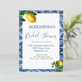 Bridal Shower Lemons Blue White Tuscan Tile Invitation (Standing Front)