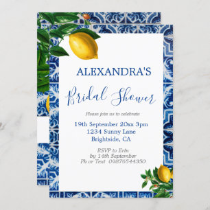 Bridal Shower Lemons Blue White Tuscan Tile Invitation