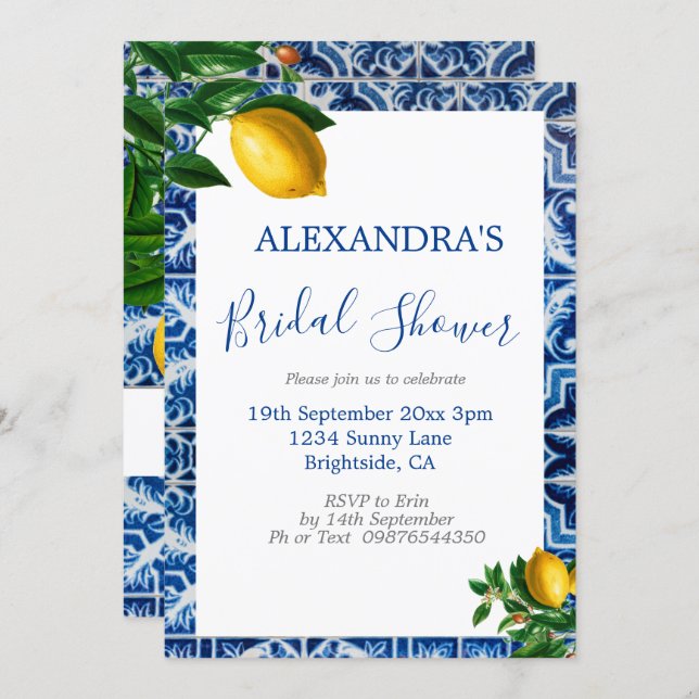 Bridal Shower Lemons Blue White Tuscan Tile Invitation (Front/Back)