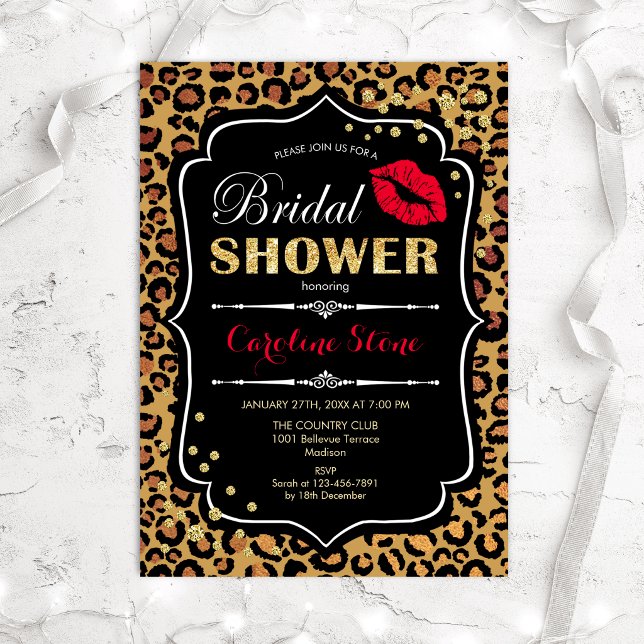 Bridal Shower - Leopard Print Red Gold Invitation