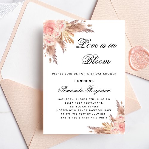 Bridal shower love bloom flower pampas boho luxury invitation