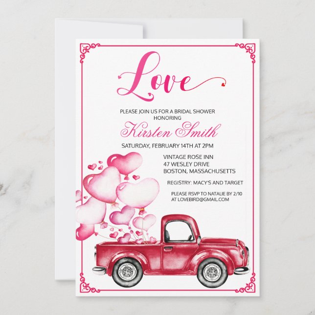 Bridal Shower Love Heart Truck Balloons Invitation (Front)