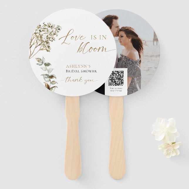 Bridal Shower Love Is in Bloom QR Code Boho Hand Fan (Front and Back)