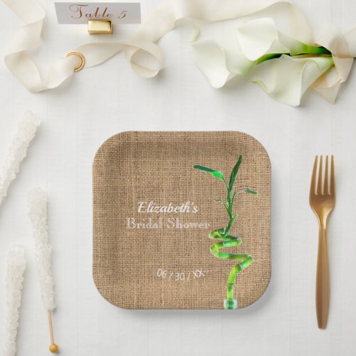 Bridal Shower Lucky Bamboo On Rustic Faux Burlap  Paper Plates