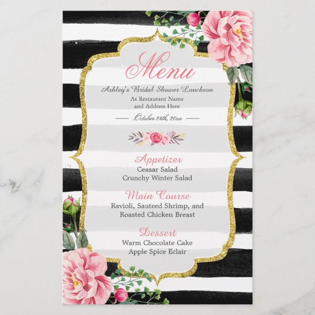 Bridal Shower Luncheon Menu Classy Floral Stripes (Front)