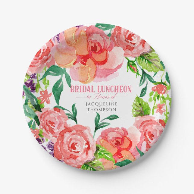 Bridal Shower Luncheon Pink Lavender Modern Floral Paper Plates (Front)