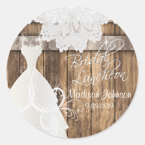 Bridal Shower Luncheon _ Rustic Wood and Lace Classic Round Sticker