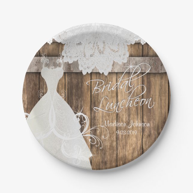 Bridal Shower Luncheon - Rustic Wood and Lace Paper Plates (Front)