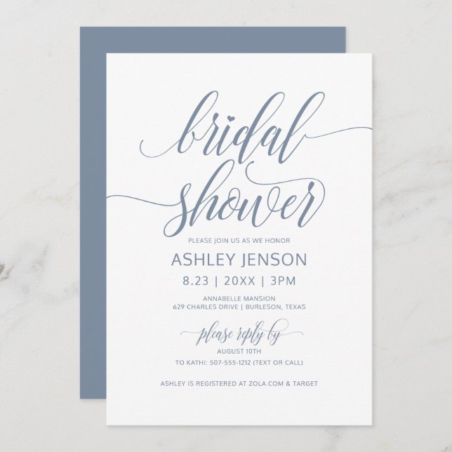 Bridal Shower Luxe Calligraphy Dusty Blue Floral Invitation (Front/Back)
