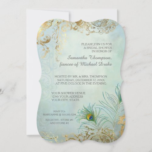 Bridal Shower Luxe Gold Peacock Feathers Elegant Invitation