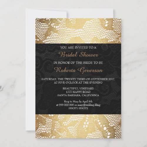 Bridal Shower Luxury Gold Black Royal Lace Floral Invitation