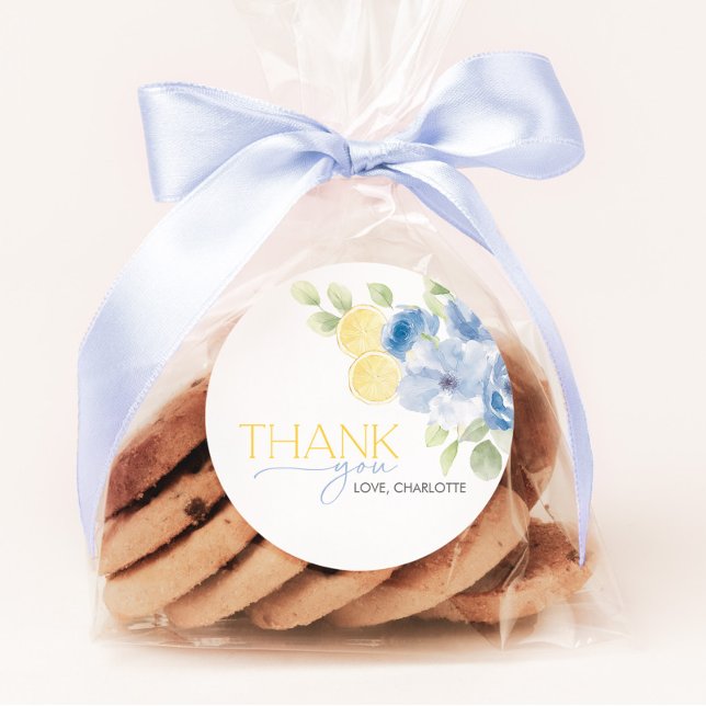 Bridal Shower Main Squeeze Blue Yellow Favor Classic Round Sticker (She found her Main Squeeze! Bridal Shower Blue floral lemon citrus favor stickers)