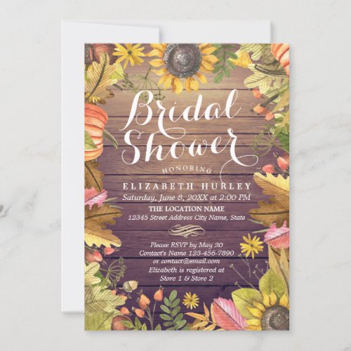 Bridal Shower Maple Leaves Pumpkins Sunflower Wood Invitation