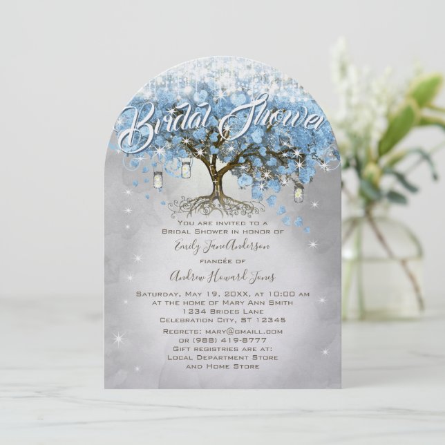Bridal Shower Mason Jar Blue Heart Leaf Tree Invitation (Standing Front)