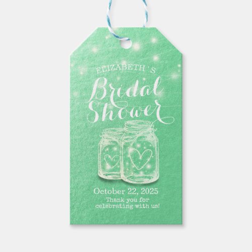 Bridal Shower Mason Jars String Lights Green Gold Gift Tags