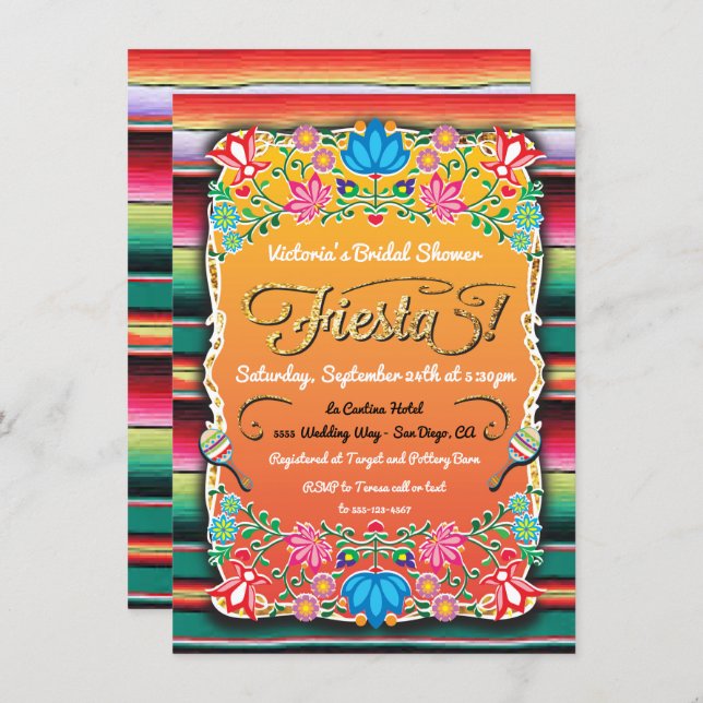 Bridal Shower Mexican Fiesta Party Gold Glitter Invitation (Front/Back)