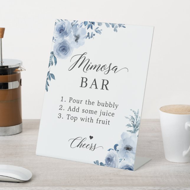 Bridal Shower Mimosa Bar Dusty Blue Floral Pedestal Sign (In SItu)