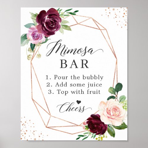 Bridal Shower Mimosa Bar Sign Blush Purple Floral - Modern Geometric Frame Plum Purple Blush Floral - Bridal Shower Mimosa Bar Sign Poster. 
(1) The default size is 8 x 10 inches, you can change it to a larger size.  
(2) For further customization, please click the "customize further" link and use our design tool to modify this template. 
(3) If you need help or matching items, please contact me.