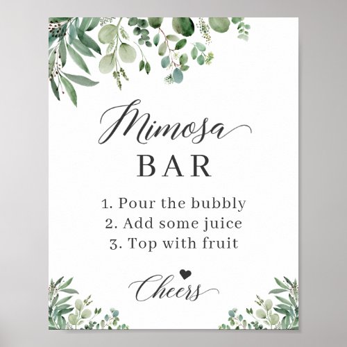 Bridal Shower Mimosa Bar Sign Eucalyptus Leaves - Greenery Eucalyptus Leaves - Bridal Shower Mimosa Bar Sign Poster. 
(1) The default size is 8 x 10 inches, you can change it to a larger size.  
(2) For further customization, please click the "customize further" link and use our design tool to modify this template. 
(3) If you need help or matching items, please contact me.
