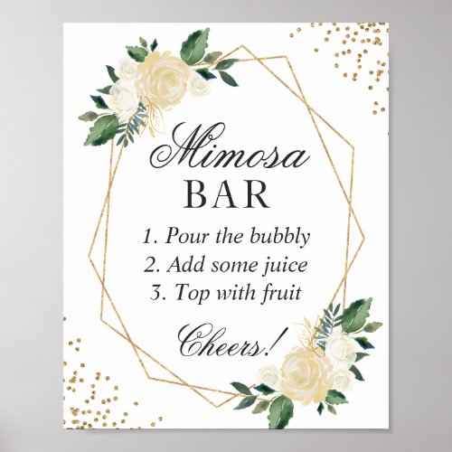 Bridal Shower Mimosa Bar White Green Gold Floral Poster