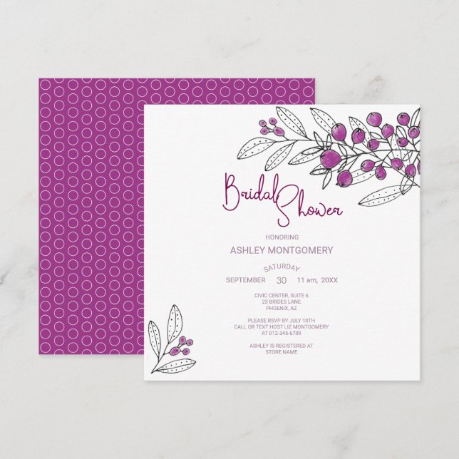 Bridal Shower Minimalist Purple Berries Leaves Invitation (Front/Back)