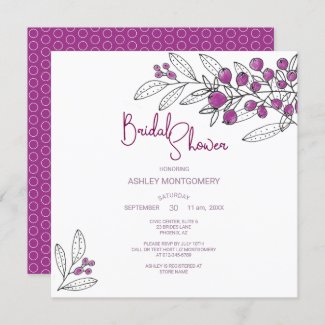 Bridal Shower Minimalist Purple Berries Leaves