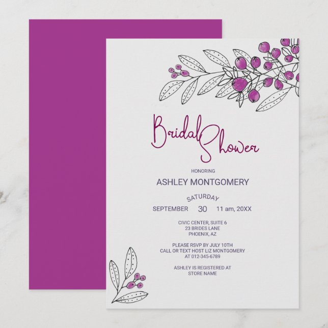 Bridal Shower Minimalist Purple Leaves Berries Invitation (Front/Back)
