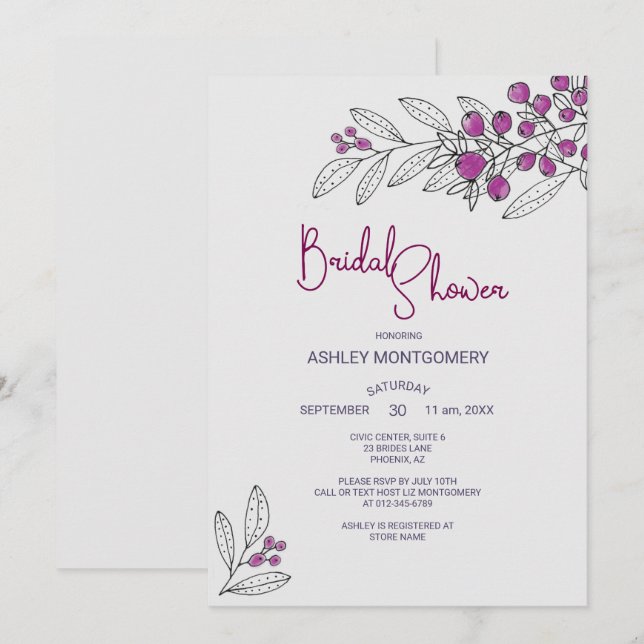 Bridal Shower Minimalist Purple Leaves Berries Invitation (Front/Back)