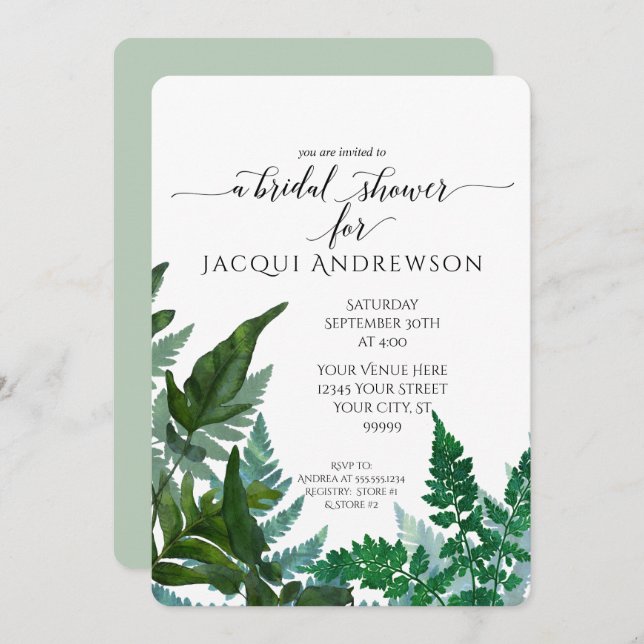 Bridal Shower Mint Fern Foliage Forest Botanical Invitation (Front/Back)