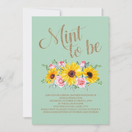 Bridal Shower Mint to Be Sunflowers Pink Roses Invitation