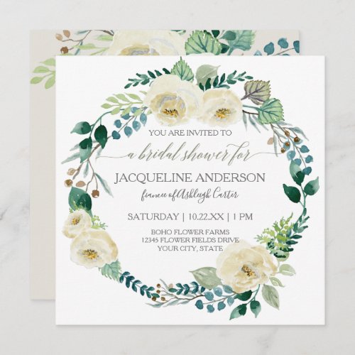 Bridal Shower Modern Alabaster Roses Leaf Wreath Invitation