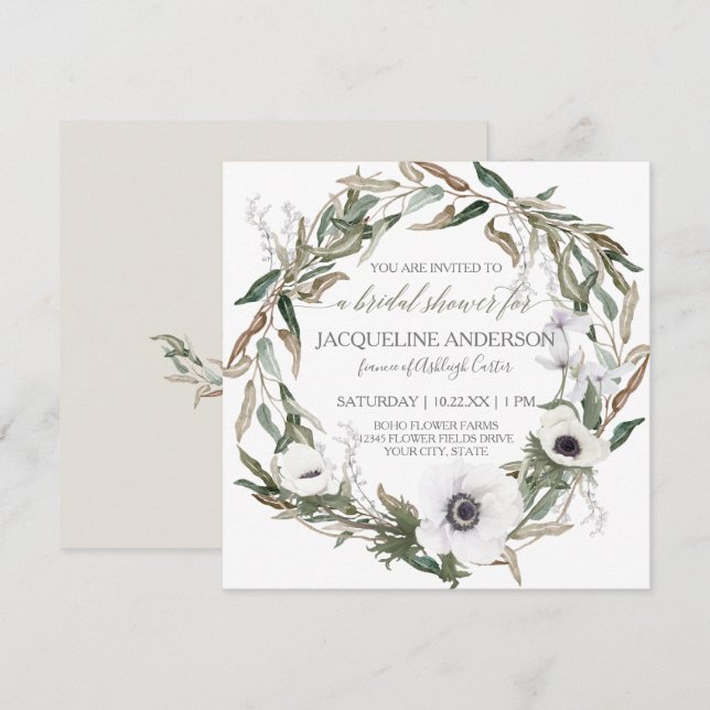 Bridal Shower Modern Anemone Olive Leaf Wreath Art Invitation (Front/Back)
