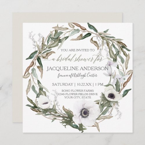 Bridal Shower Modern Anemone Olive Leaf Wreath Art Invitation