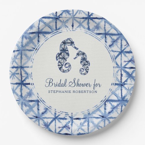 Bridal Shower Modern Beach Seahorse Indigo Shibori Paper Plates