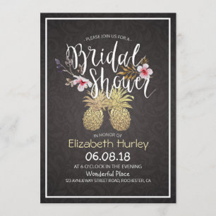 Bridal Shower Modern Black & Gold Pineapple Couple Invitation